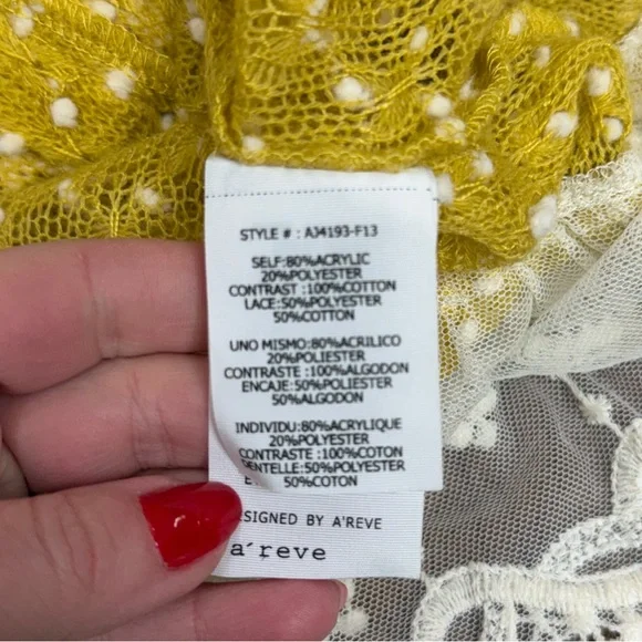 A’reve Mustard Yellow Lace Floral Ruffle Hem Cardigan Tunic Size Medium - Picture 9 of 11